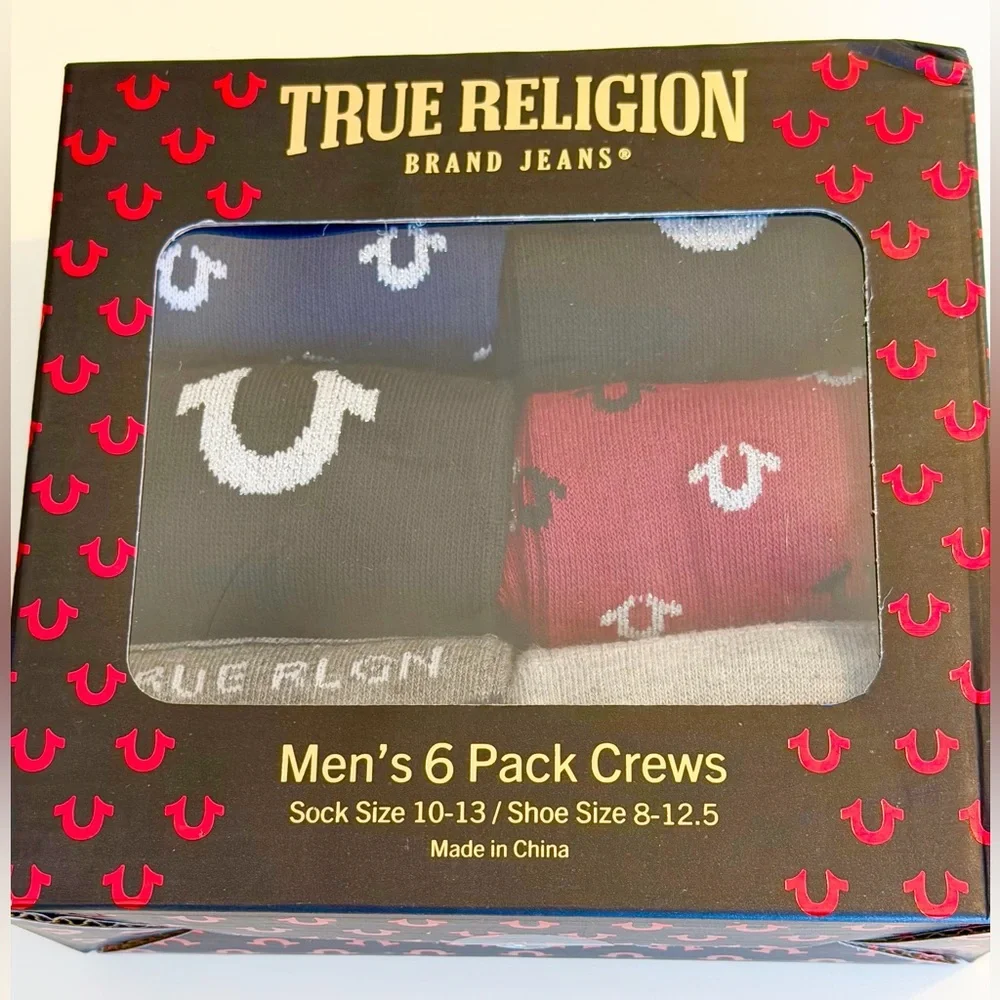 True Religion 6-Pack Crew Socks with silver threads for shoe size 8-12.5 NWT